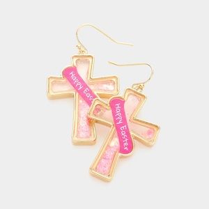 Happy Easter Message Confetti Cross Dangle Earrings
